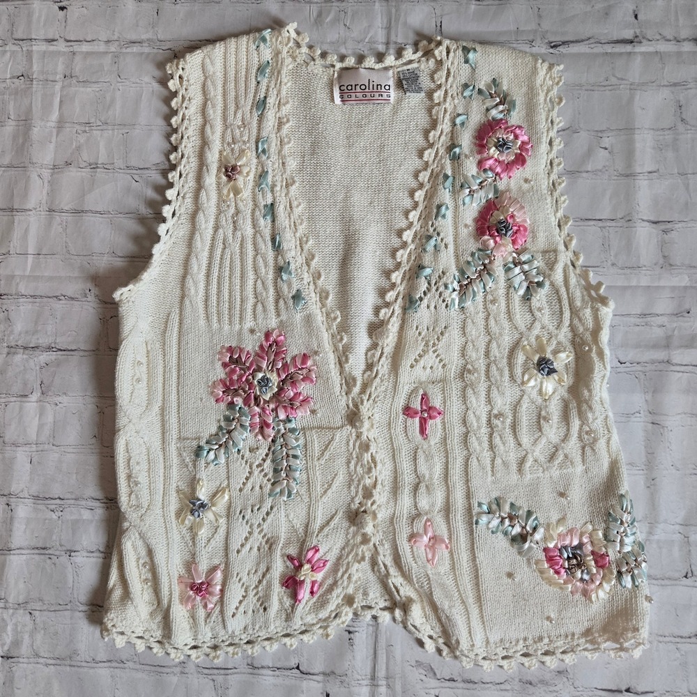 Vintage 90s Floral Ribbon Embroidered Knit Vest Ivory Med cottagcore